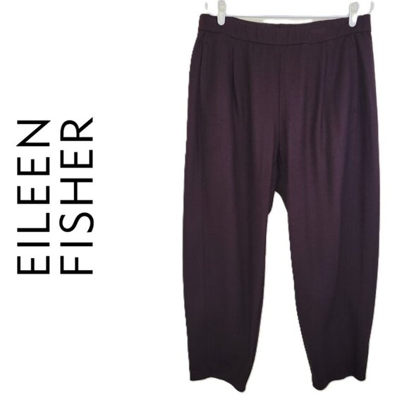 Eileen Fisher Merlot Wool Straight Leg Pant Elastic Waist 2 Pockets Women's SZ L